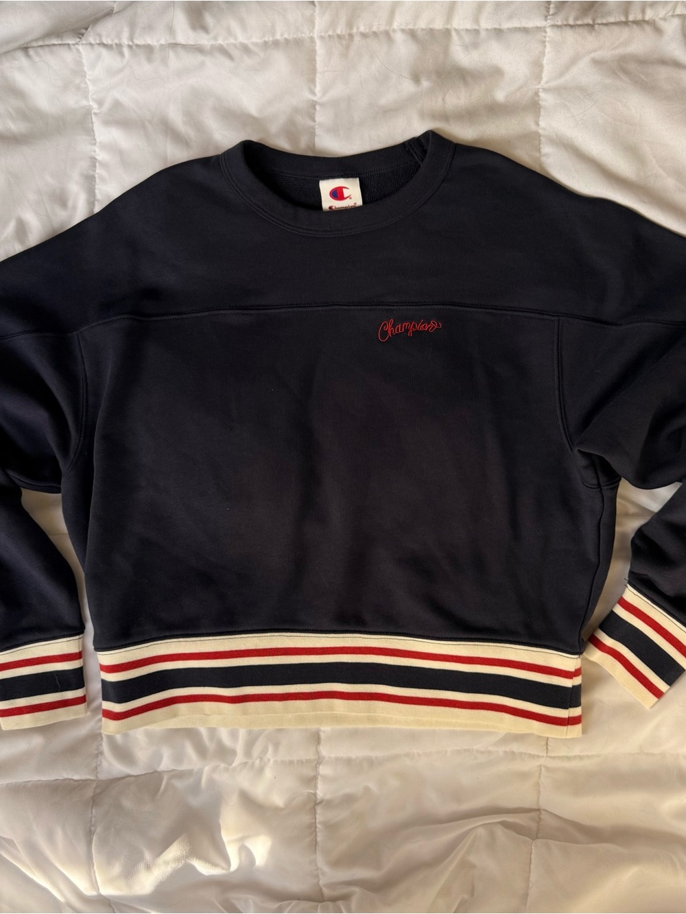 Champion Navy Crewneck Sweatshirt Women’s M Red White Striped Trim Varsity C Log